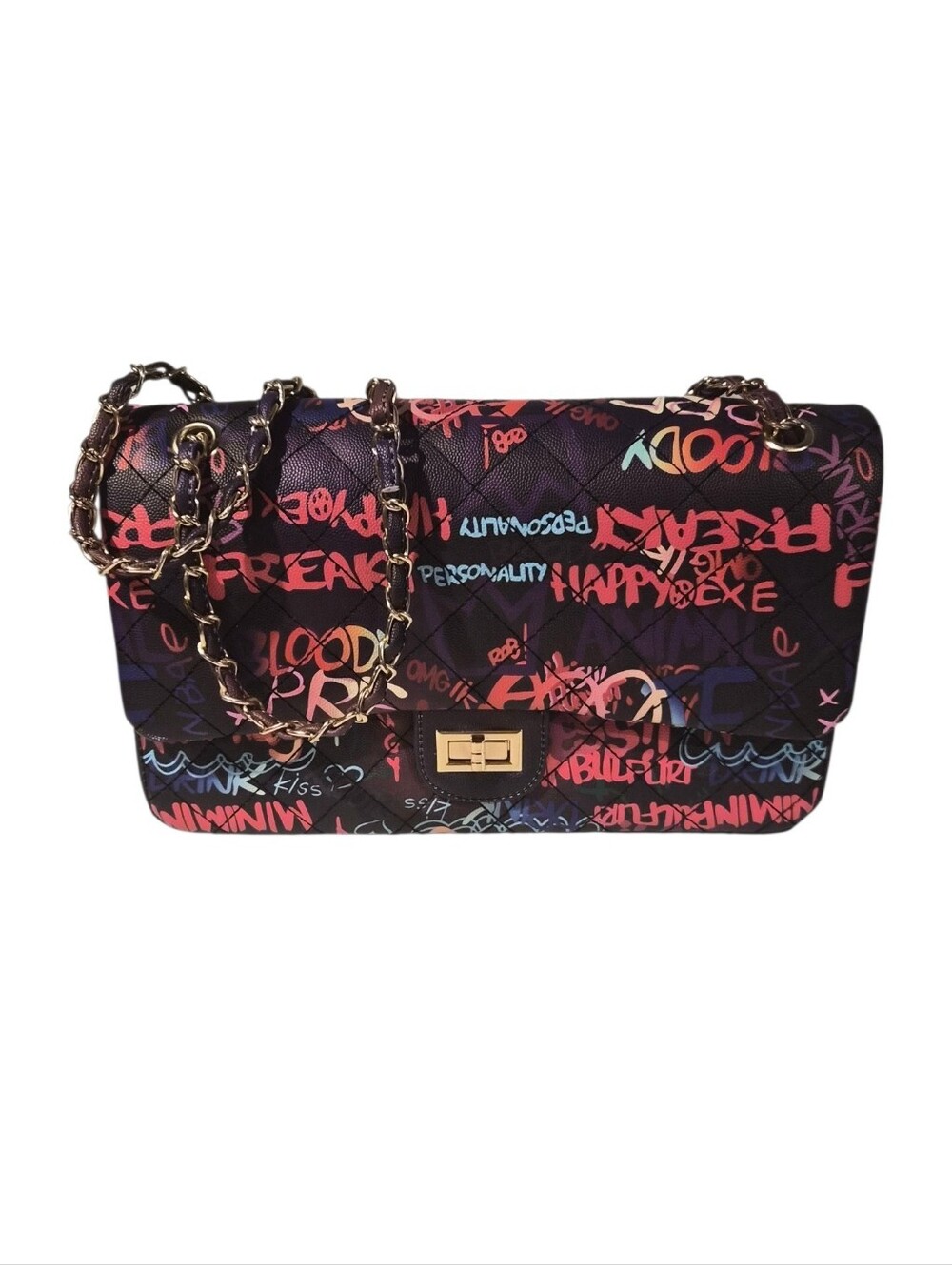Graffiti Print Quilted Shoulder Bag in Black and Pink